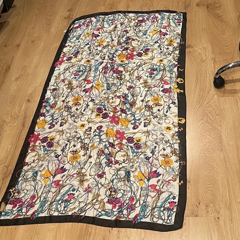 68” x 36” Floral Print 100% Silk White Multicolor Black Border Scarf Shawl Wrap